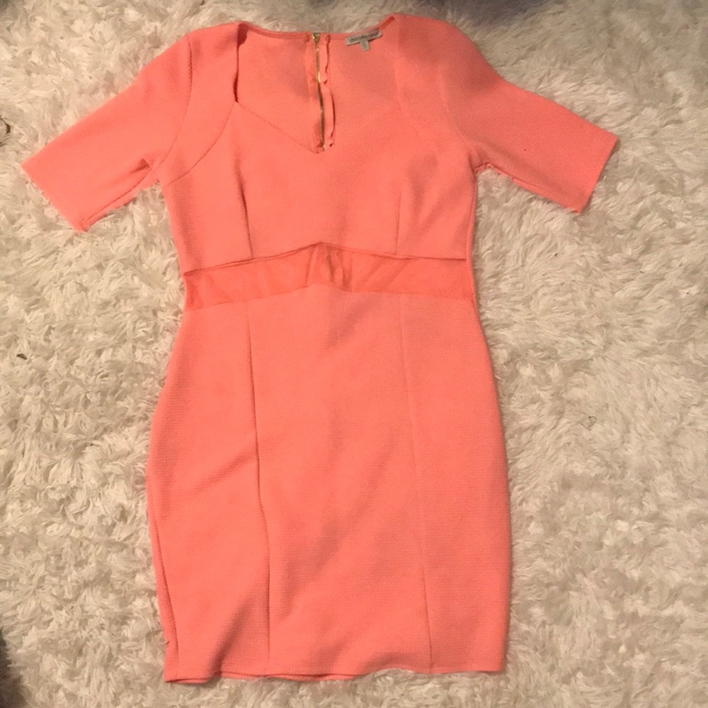 Neon coral short dress with mesh detail